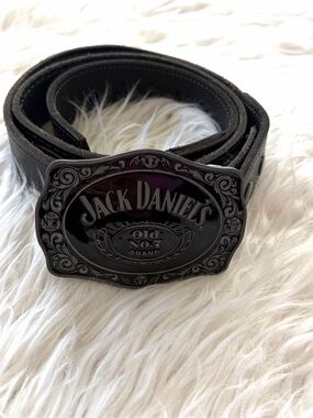 Jack Daniels Black Leather Belt with Ornate Black Buckle Size 36